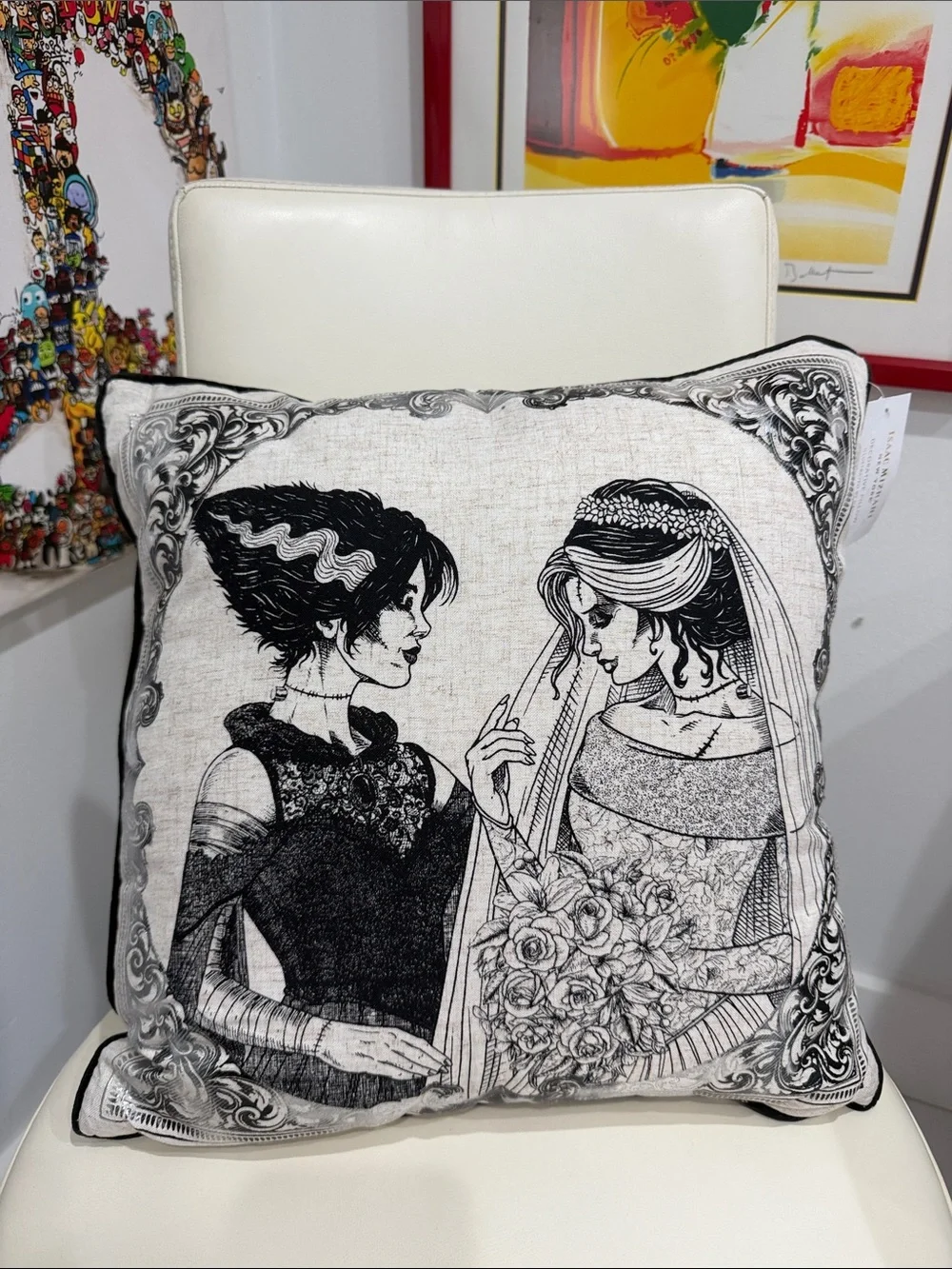 Isaac Mizrahi Halloween Black & Cream Brides of Frankenstein LGBTQ Gothic Pillow